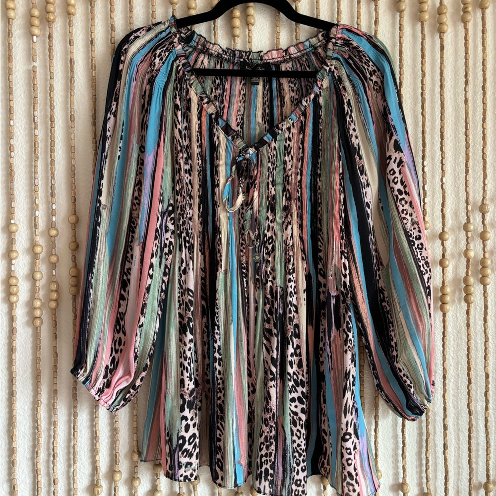 Cheetah Striped Animal Multi Color Y2K Smocked Empire Babydoll Long Sleeve Top